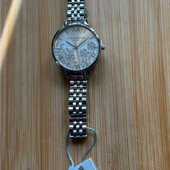 Olivia Burton All Silver Bejewelled Watch With 34mm Lace Detail Floral Face. - Picture 3 of 10